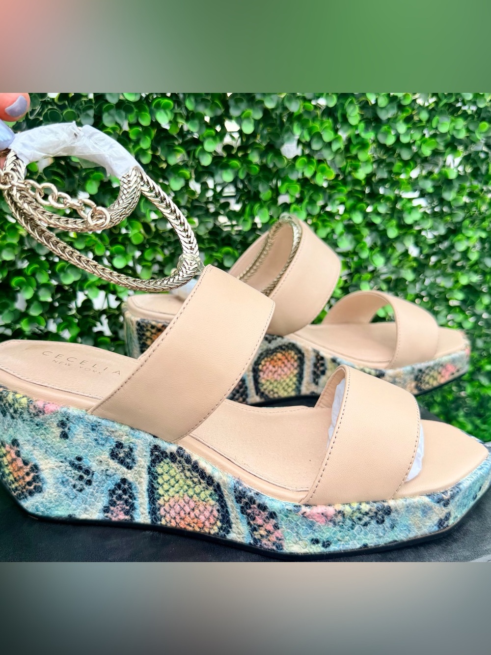 Cecelia Snakeskin Wedges / Bright Colorful Wedge Slides w/ Wrap Ankle Chain -NIB